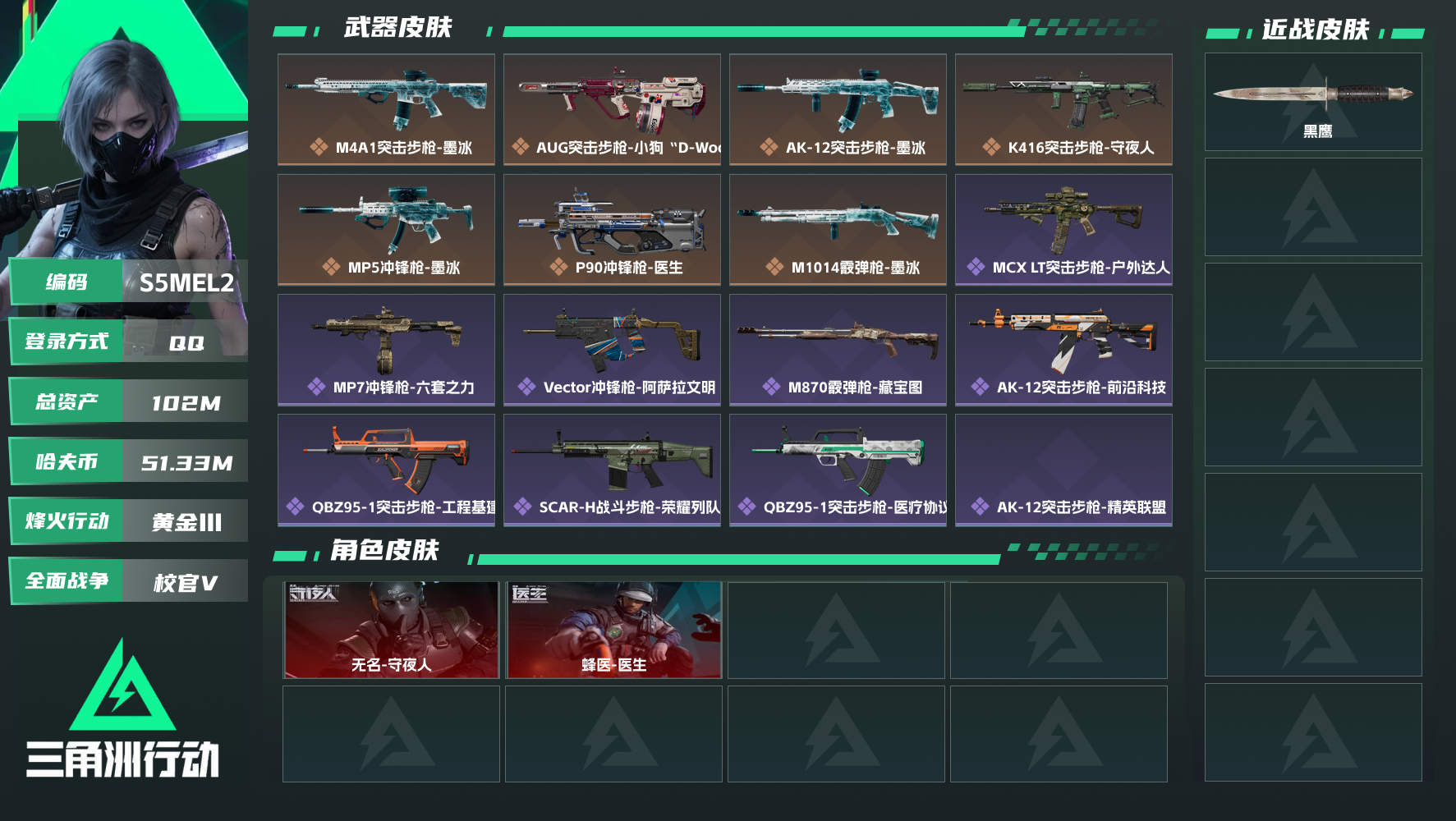 三角洲行动账号QQQQ不可二次实名，【烽火等级】：48，【总资产】：102M，【烽火段位】：黄金Ⅲ，【全面战场段位】：校官V，【哈夫币】：51330000，【安全箱】：进阶安全箱，【传说典藏】：勇士冲锋枪-彩墨...