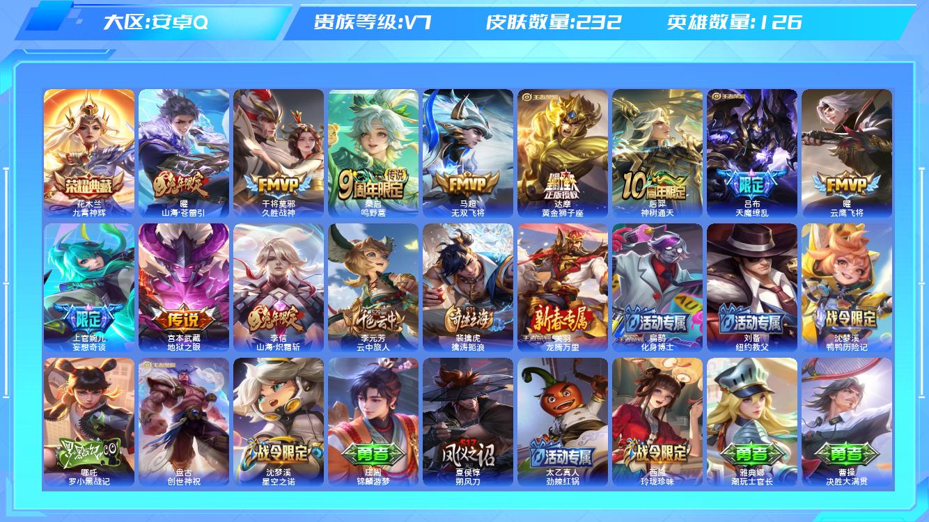 王者荣耀账号安卓QQ【N】安卓手Q320区232皮1典藏11传说0无双 营地ID2130907393(可二次)V7绝世王