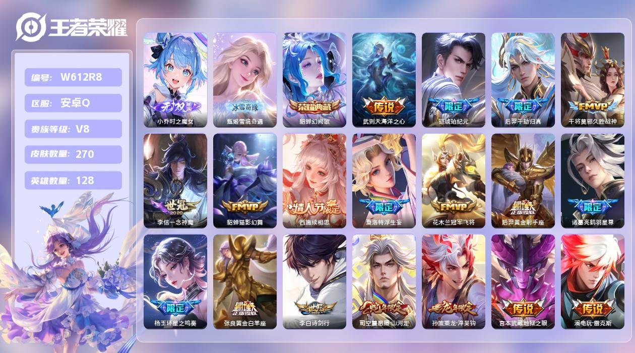 王者荣耀账号安卓QQ【T】安卓手Q162区270皮2典藏38传说2无双 营地ID347141051(不可二次)V8至尊星