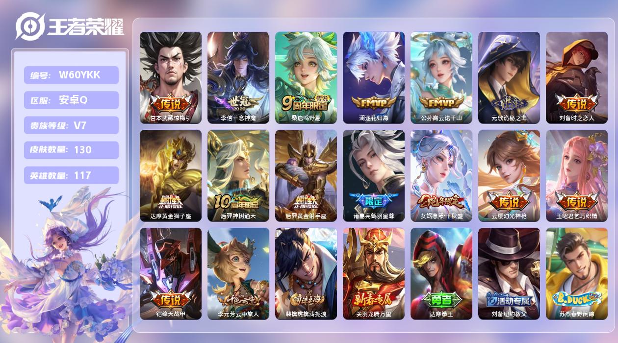 王者荣耀账号安卓QQ【N】安卓手Q447区130皮1珍品传说0典藏15传说0无双 营地ID1766329087(可二次)