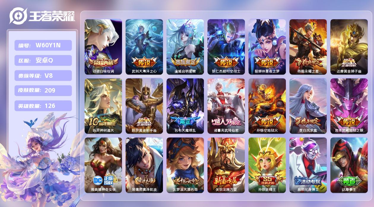 王者荣耀账号安卓QQ【B】安卓手Q515区209皮1珍品传说1典藏13传说0无双 营地ID76004827(可二次)V8