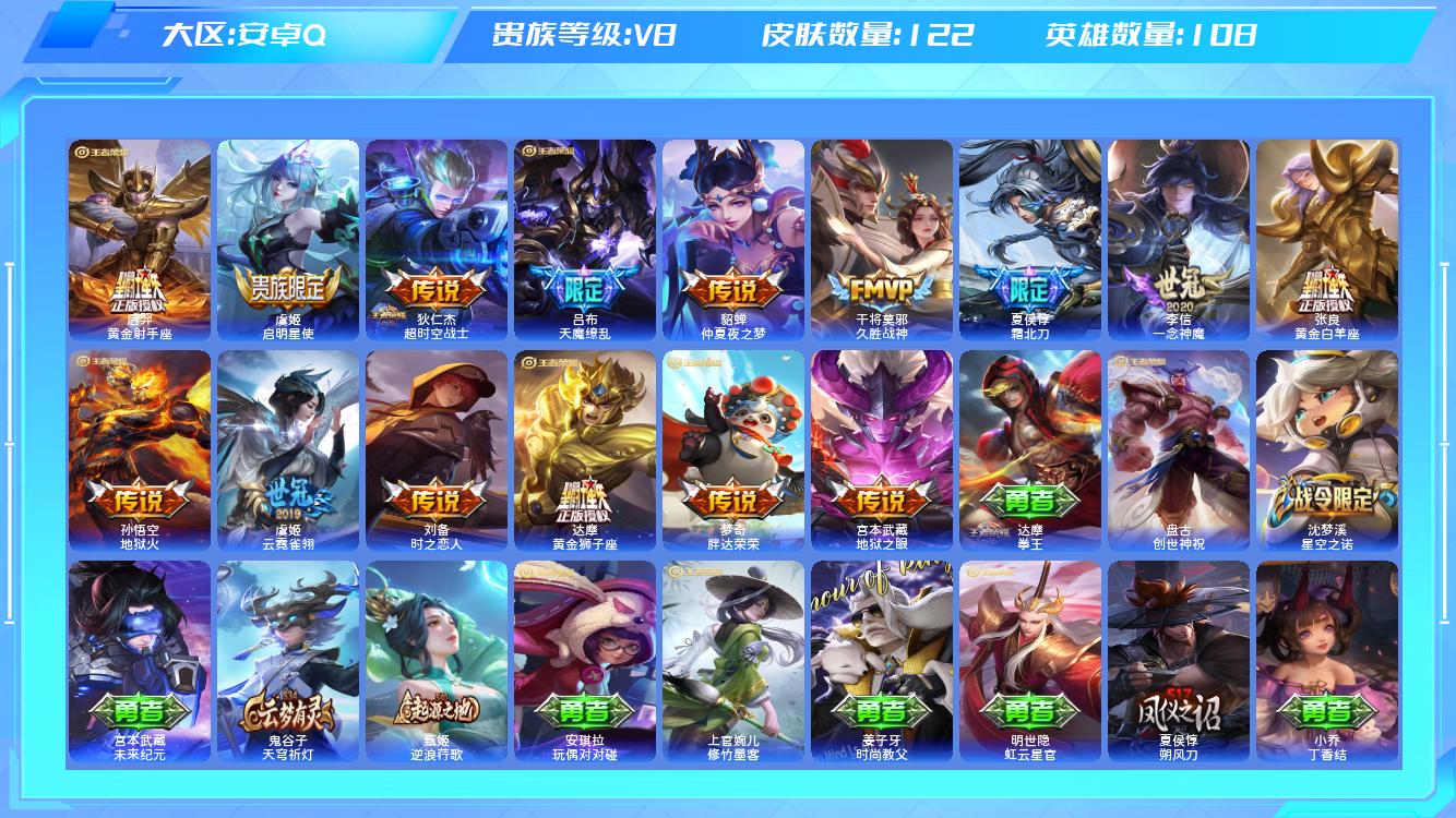 王者荣耀账号安卓QQ【X】安卓手Q207区122皮0典藏15传说0无双 营地ID1804634698(不可二次)V8永恒