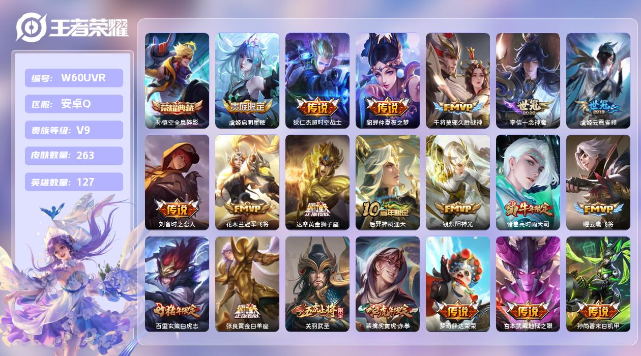 王者荣耀账号安卓QQ【X】安卓手Q534区263皮1典藏20传说0无双 营地ID424683427(不可二次)V9QQ钱