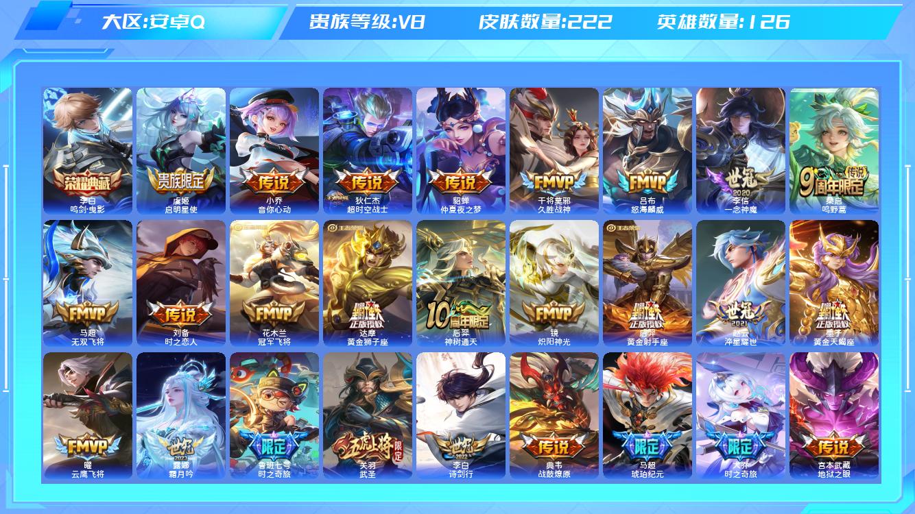 王者荣耀账号安卓QQ【Q】安卓手Q528区222皮1典藏27传说0无双 营地ID1700528263(不可二次)V8荣耀