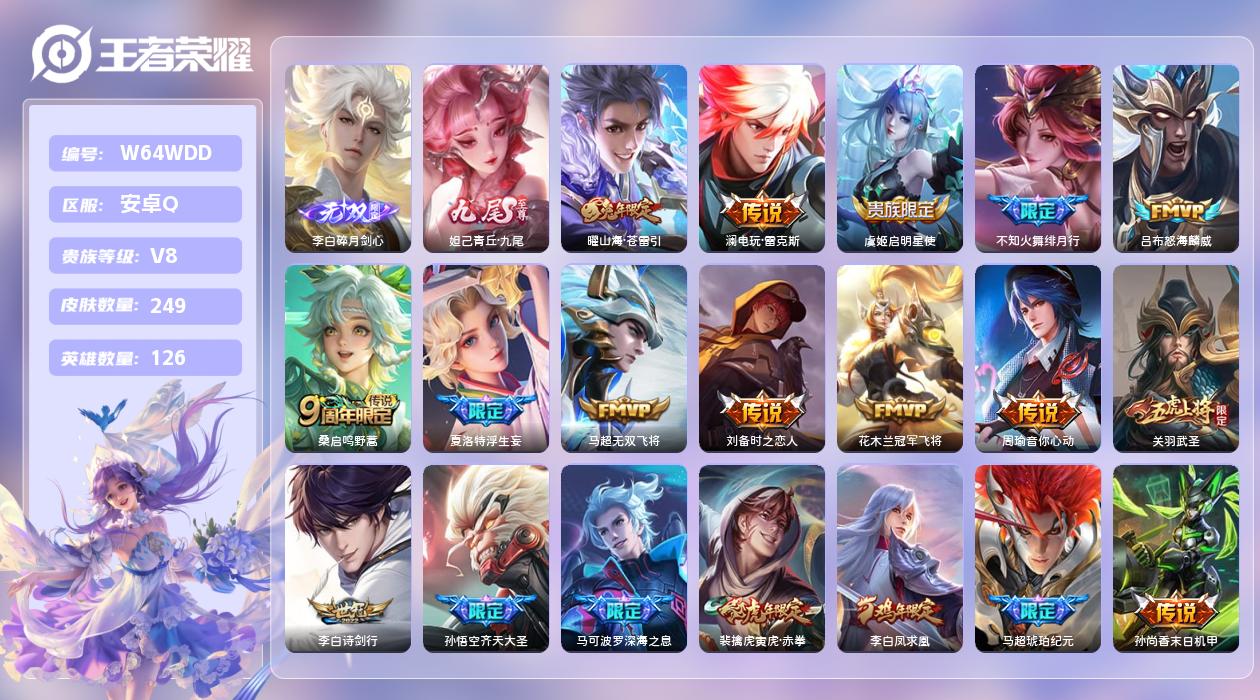 王者荣耀账号安卓QQ【N】安卓手Q363区249皮0典藏21传说2无双  14王者印记 3星元 16按键营地ID1766