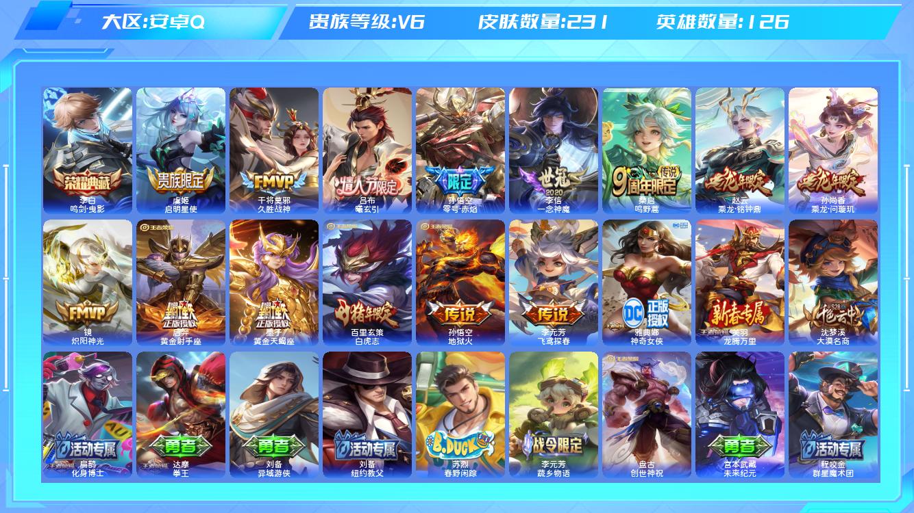 王者荣耀账号安卓QQ【B】安卓手Q126区231皮1典藏15传说0无双 营地ID563254505(可二次)V6QQ钱包