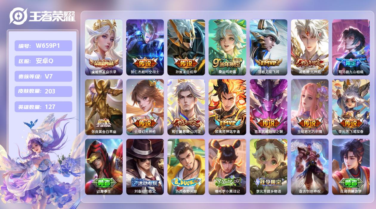 王者荣耀账号安卓QQ【B】安卓手Q466区203皮1典藏13传说0无双 营地ID1739402363(可二次)V7无双王