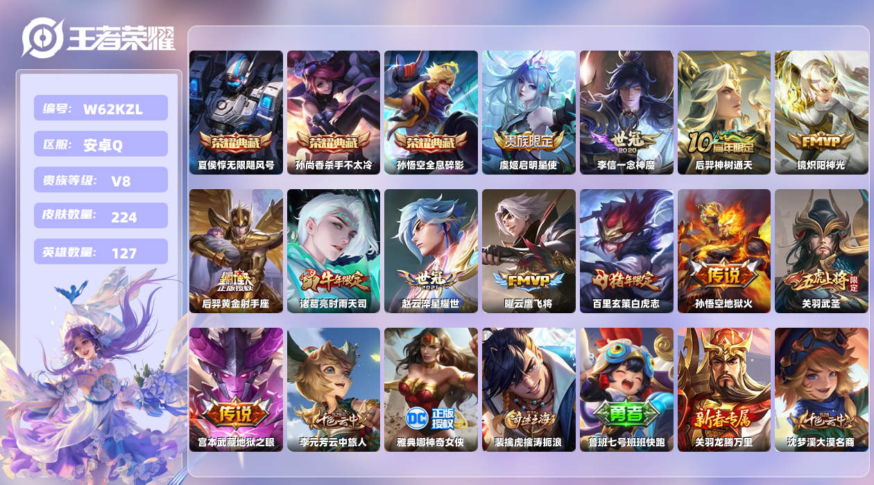 王者荣耀账号安卓QQ【Z】安卓手Q343区224皮3典藏12传说0无双 营地ID2136091109(不可二次)V8尊贵