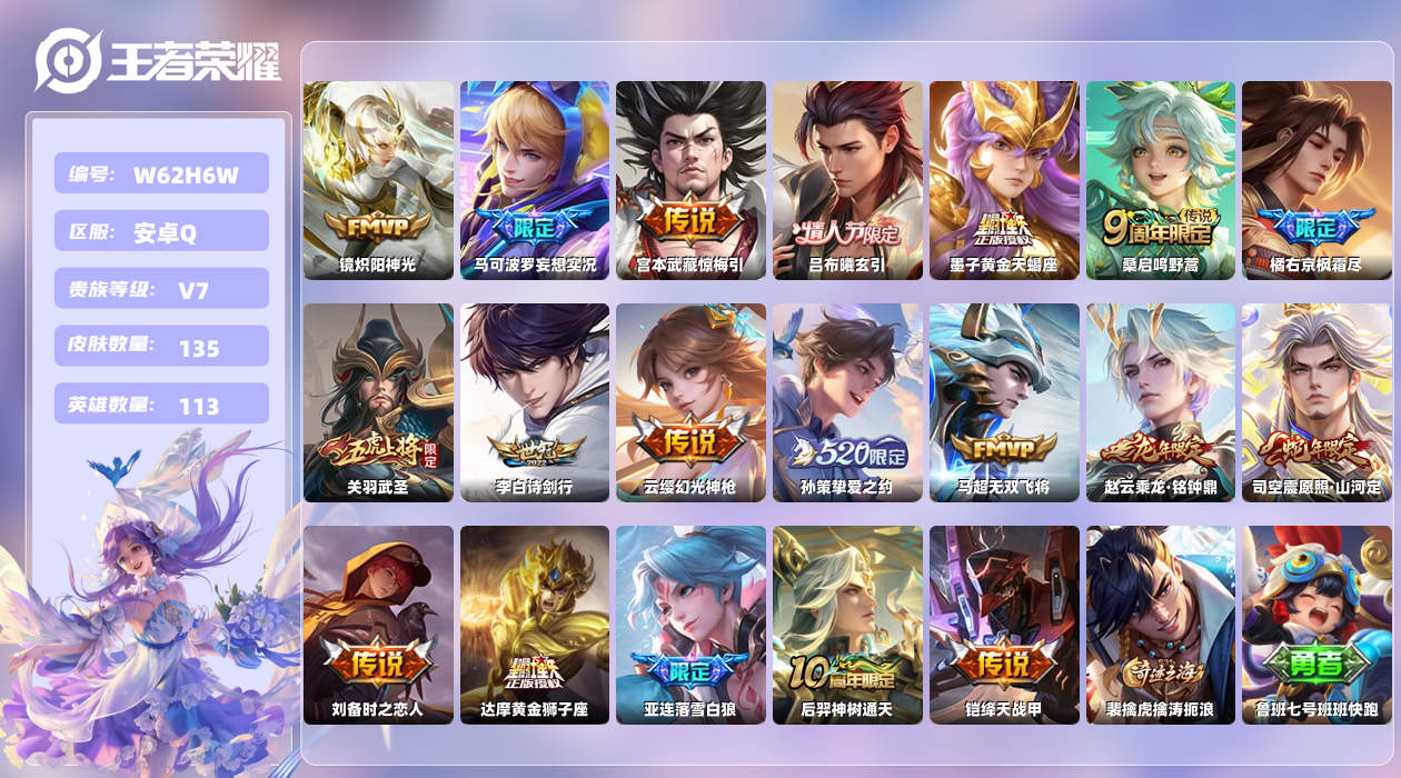 王者荣耀账号安卓QQ【B】安卓手Q417区135皮0典藏19传说0无双 营地ID1706154500(可二次)V7至尊星