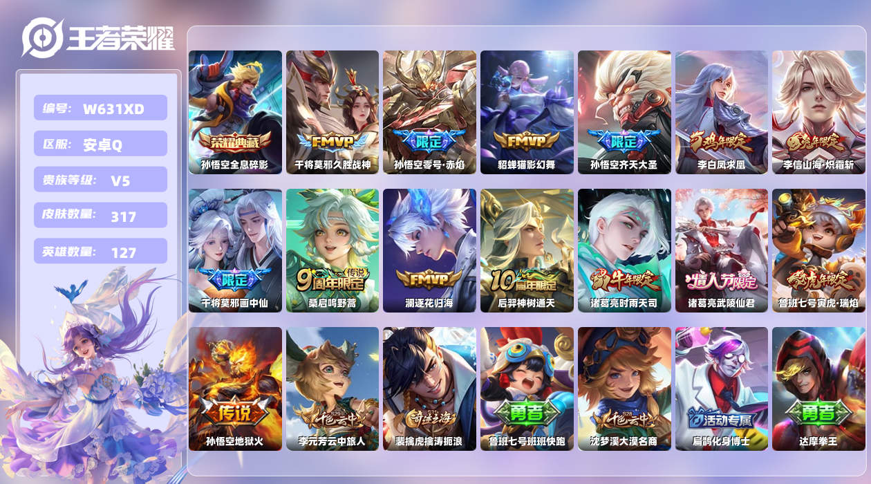 王者荣耀账号安卓QQ【T】安卓手Q204区317皮1典藏14传说0无双 营地ID470390781(可二次)V5至尊星耀