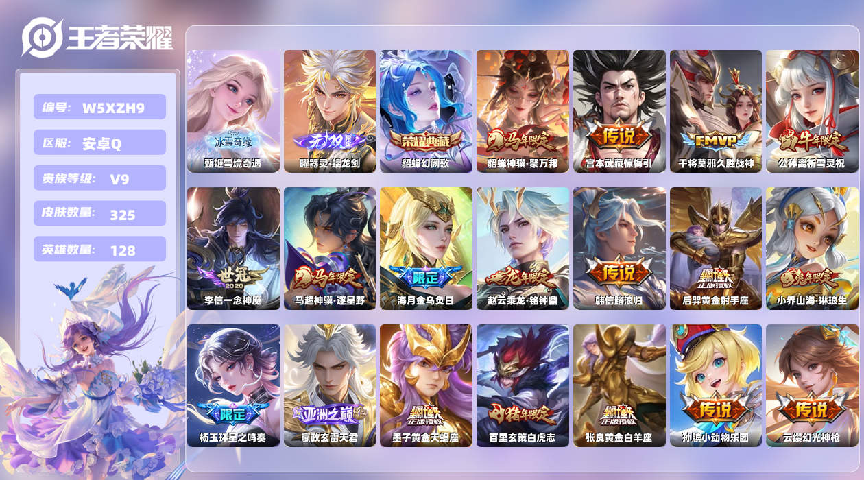 王者荣耀账号安卓QQ【N】安卓手Q317区325皮1珍品传说1典藏48传说2无双30按键6签名1金标2银标 营地ID17