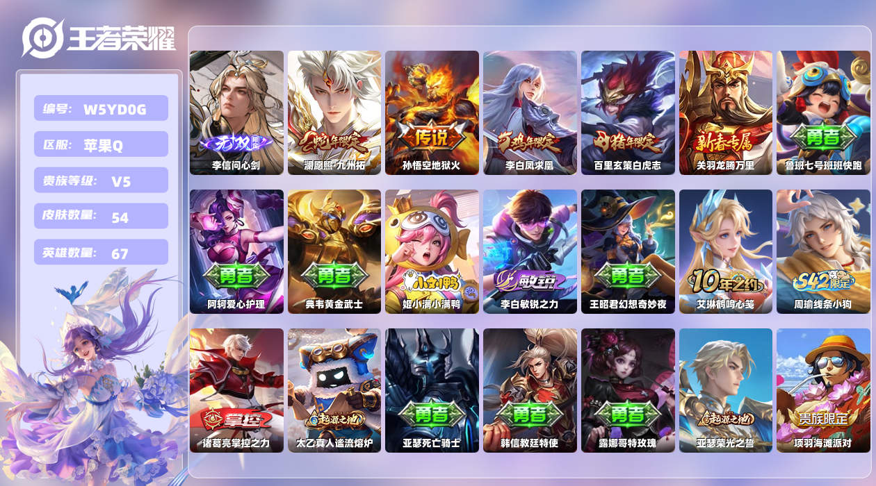 王者荣耀账号苹果QQ【L】苹果手Q134区54皮0典藏4传说1无双 营地ID1622157027(可二次)V5最强王者 