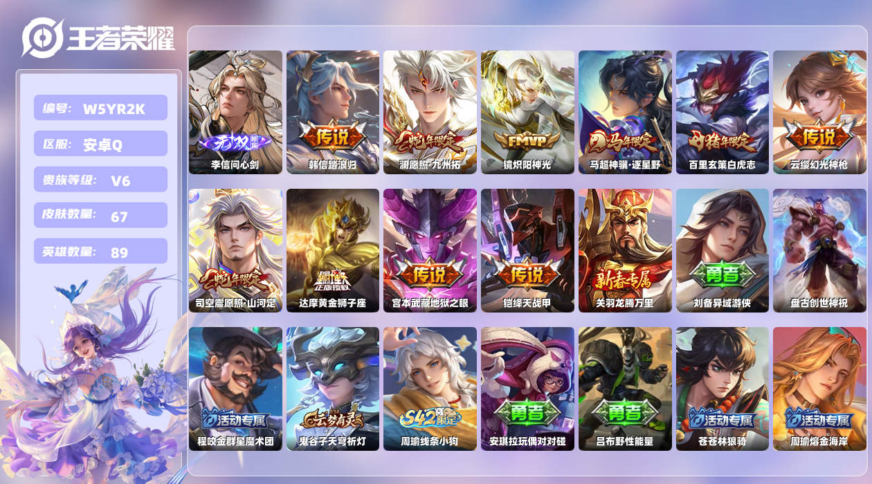 王者荣耀账号安卓QQ【N】安卓手Q466区67皮1珍品传说0典藏10传说1无双 营地ID1746099465(不可二次)