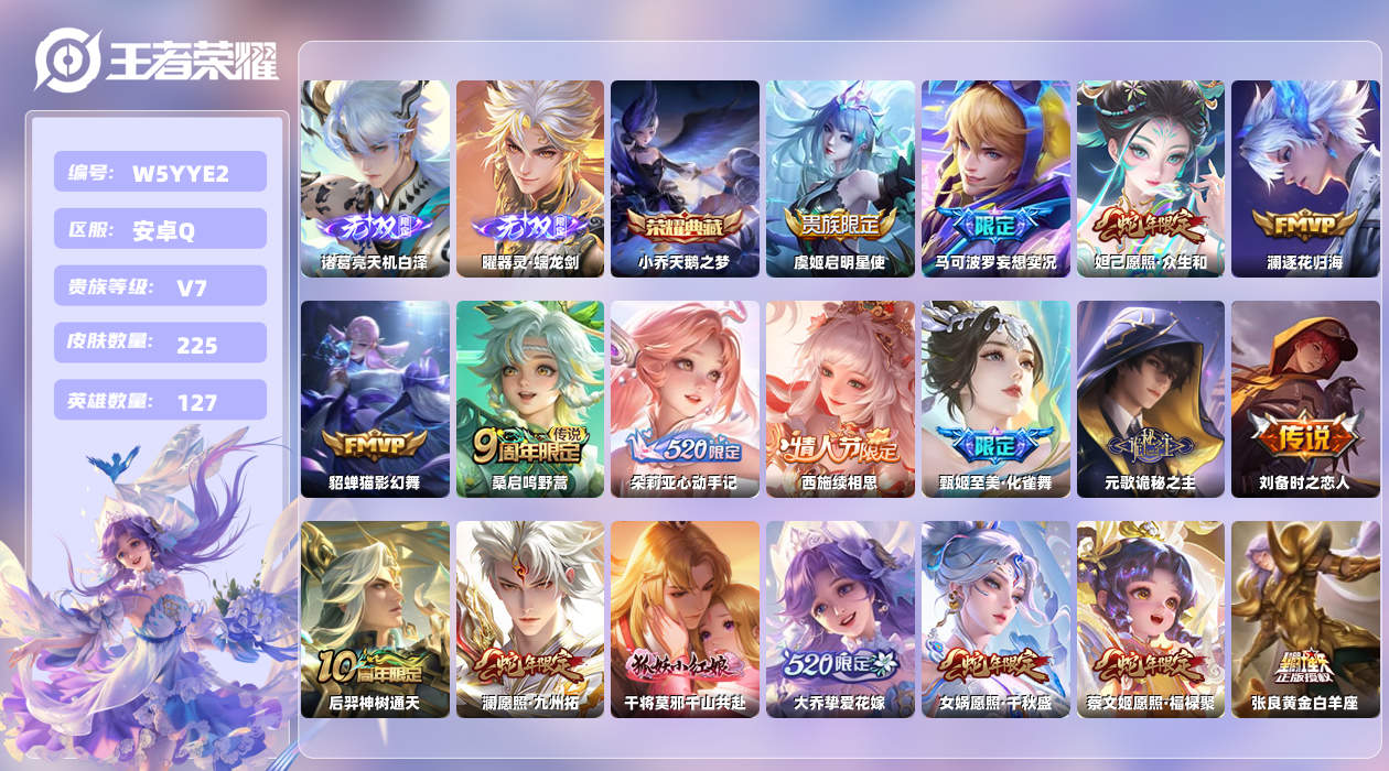王者荣耀账号安卓QQ【N】安卓手Q335区225皮6珍品传说1典藏22传说2无双 营地ID2124815549(可二次)