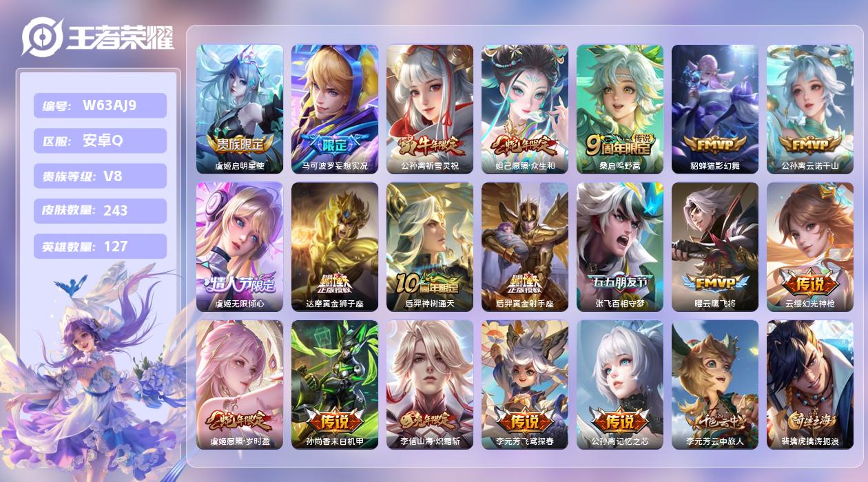 王者荣耀账号安卓QQ【Q】安卓手Q438区243皮2珍品传说0典藏19传说0无双1天幕 营地ID1700799325(可